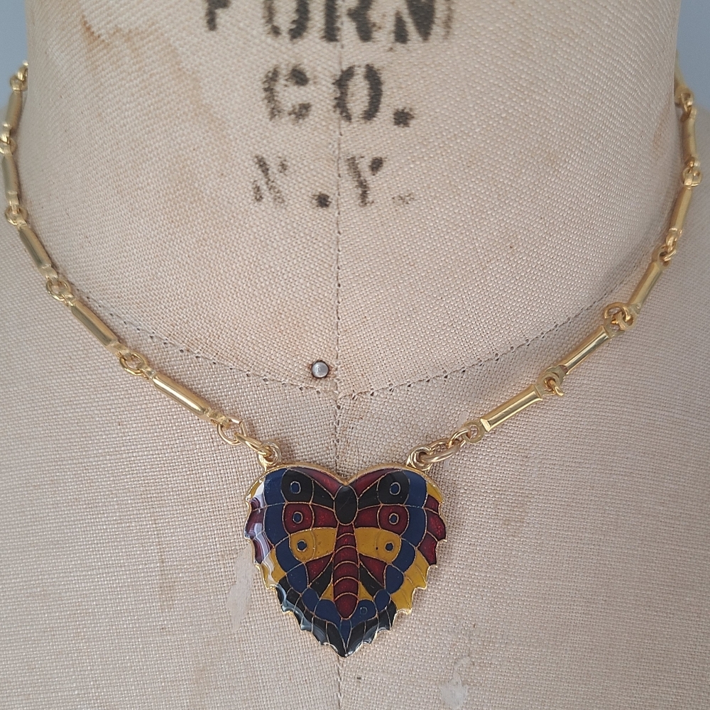 Vintage Enamel/Epoxy Heart Pendant Necklace with Butterfly Center